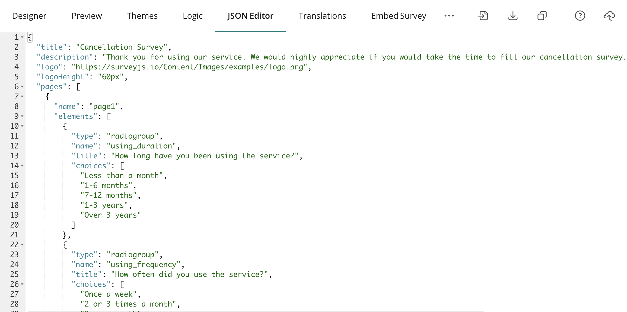 Survey Creator JSON Editor tab showing a form's JSON schema