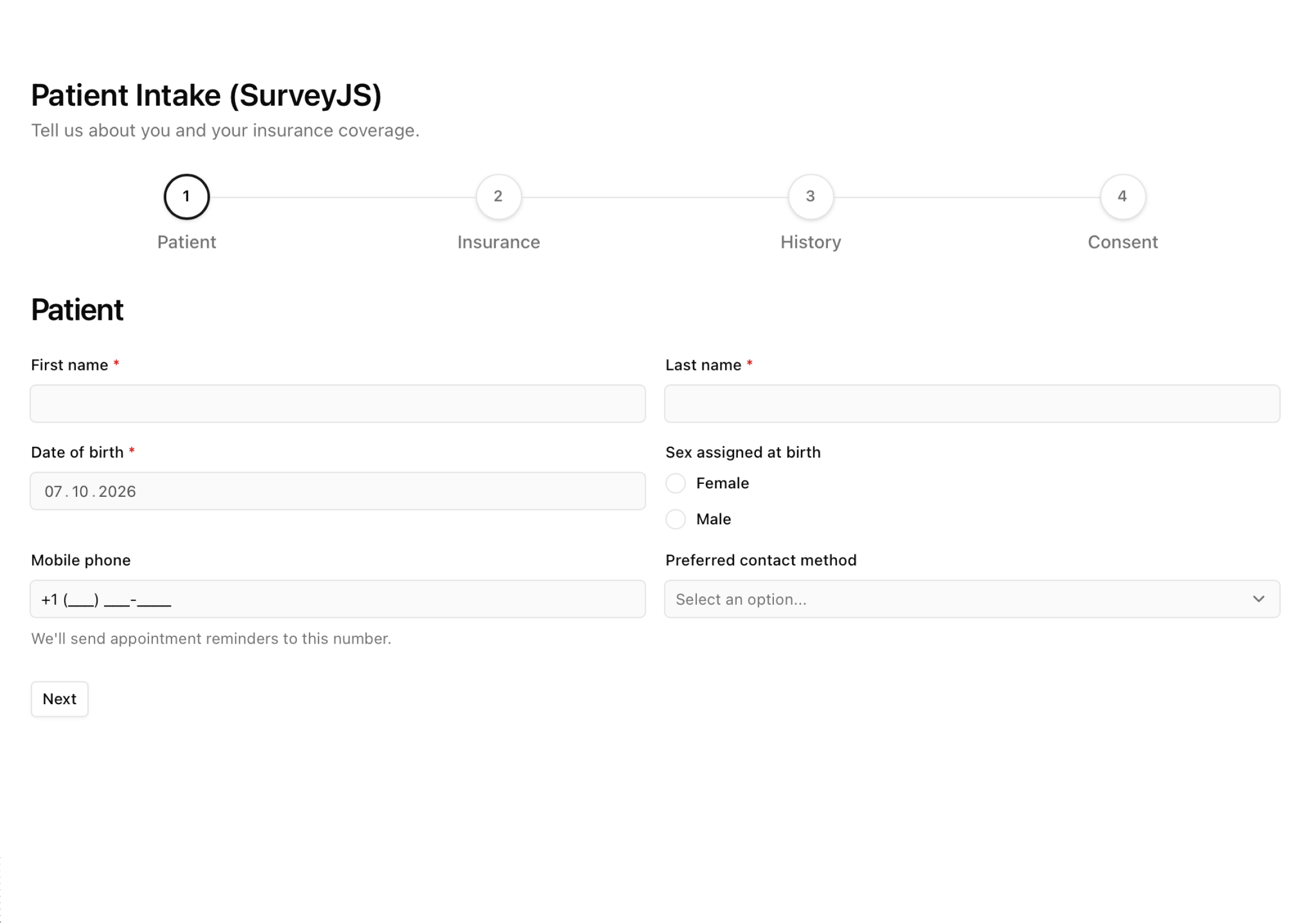 Patient intake form in the Base Mira visual style