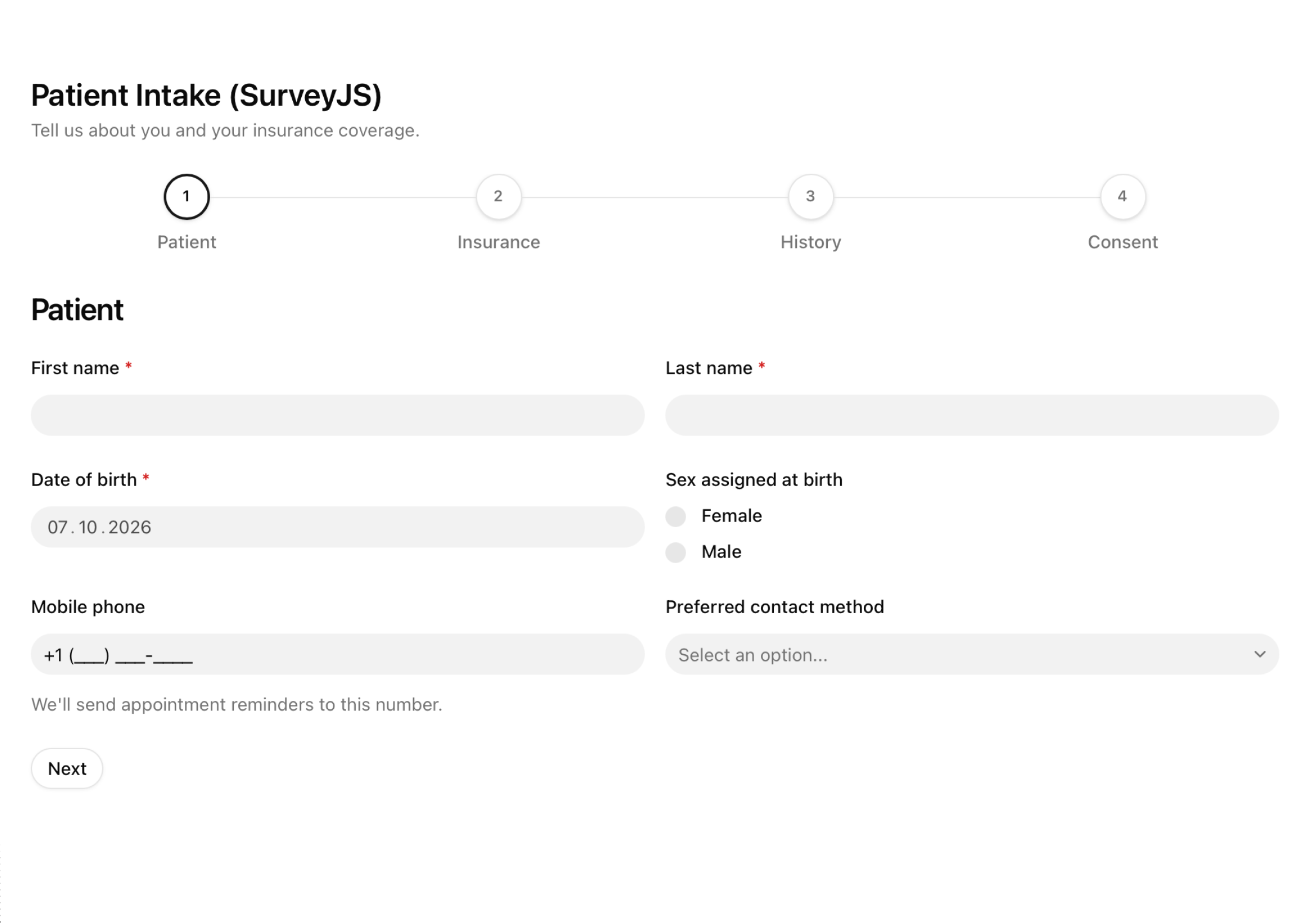 Patient intake form in the Base Rhea visual style