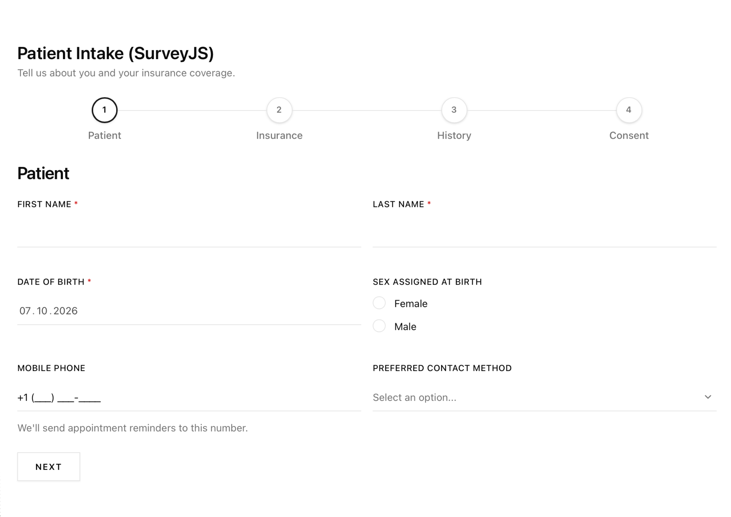 Patient intake form in the Base Sera visual style