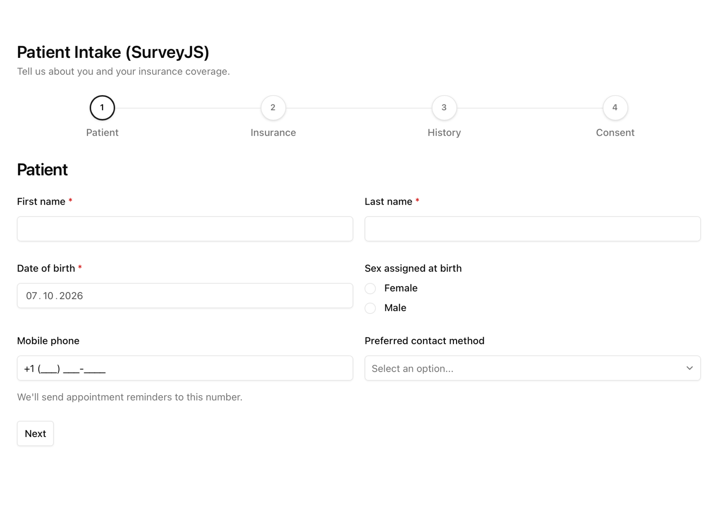 Patient intake form in the Base Vega visual style