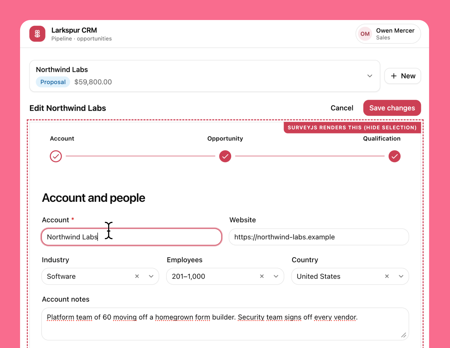 A CRM record opened as a form