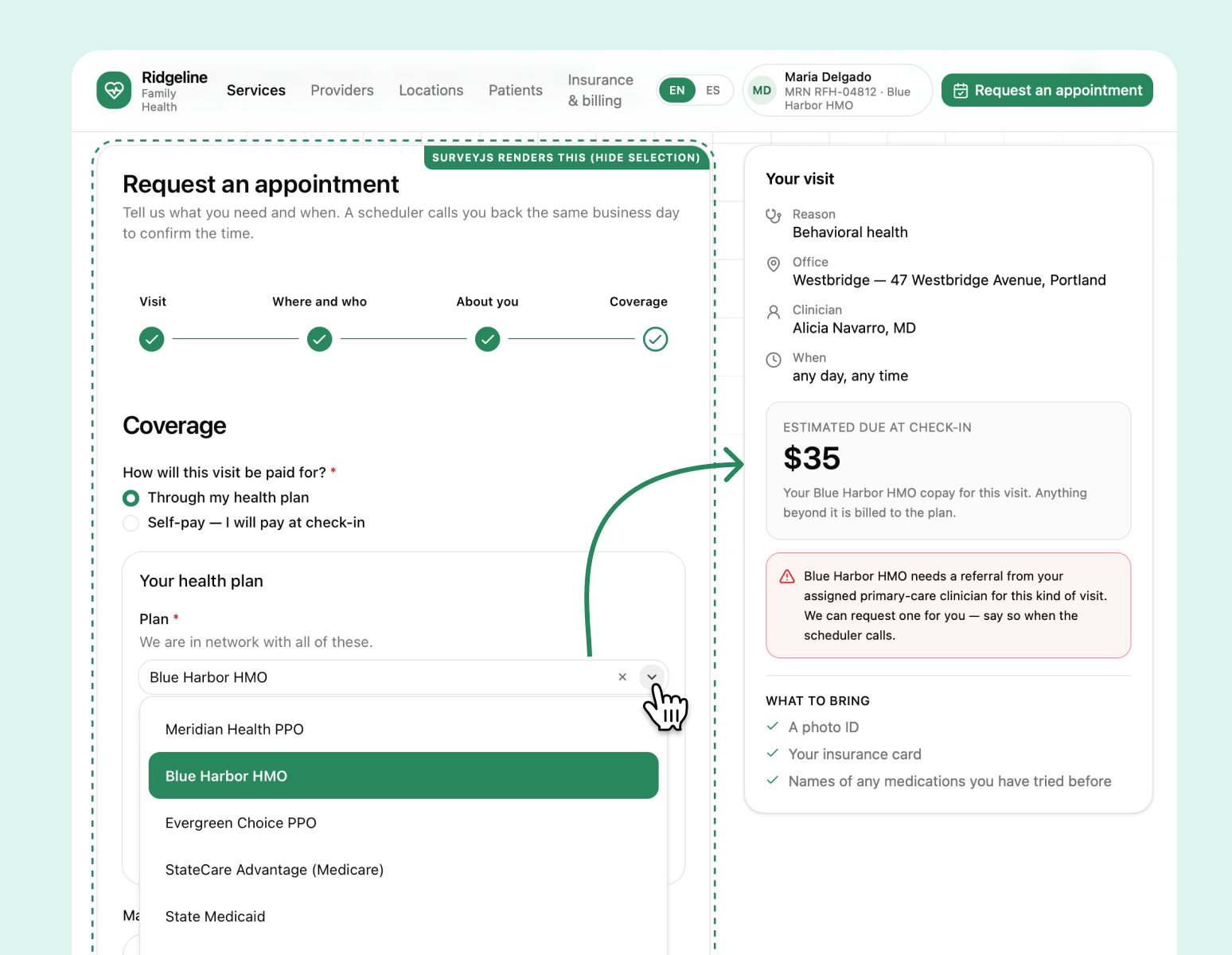 A visit request form next to a copay summary
