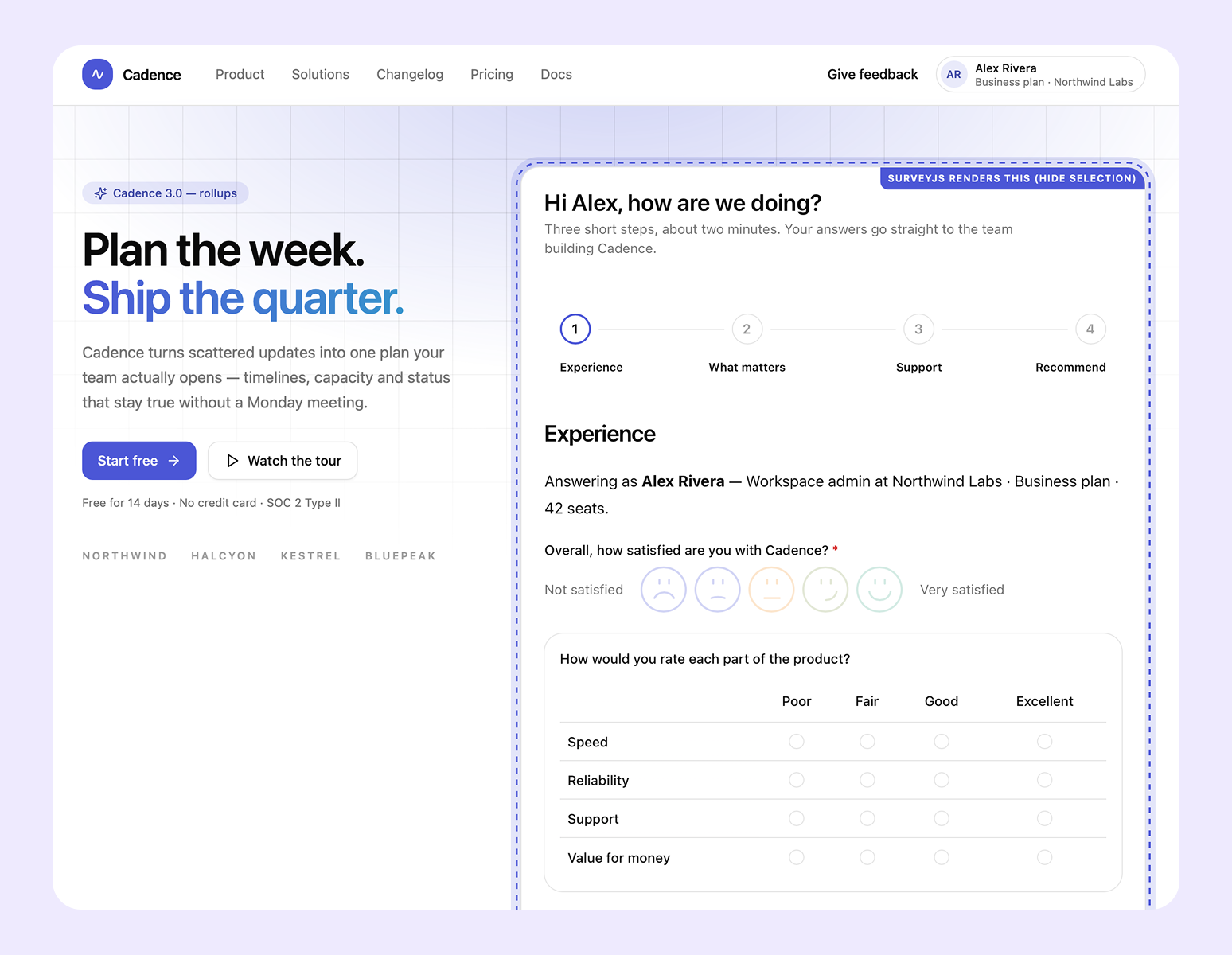 A survey embedded in a product screen