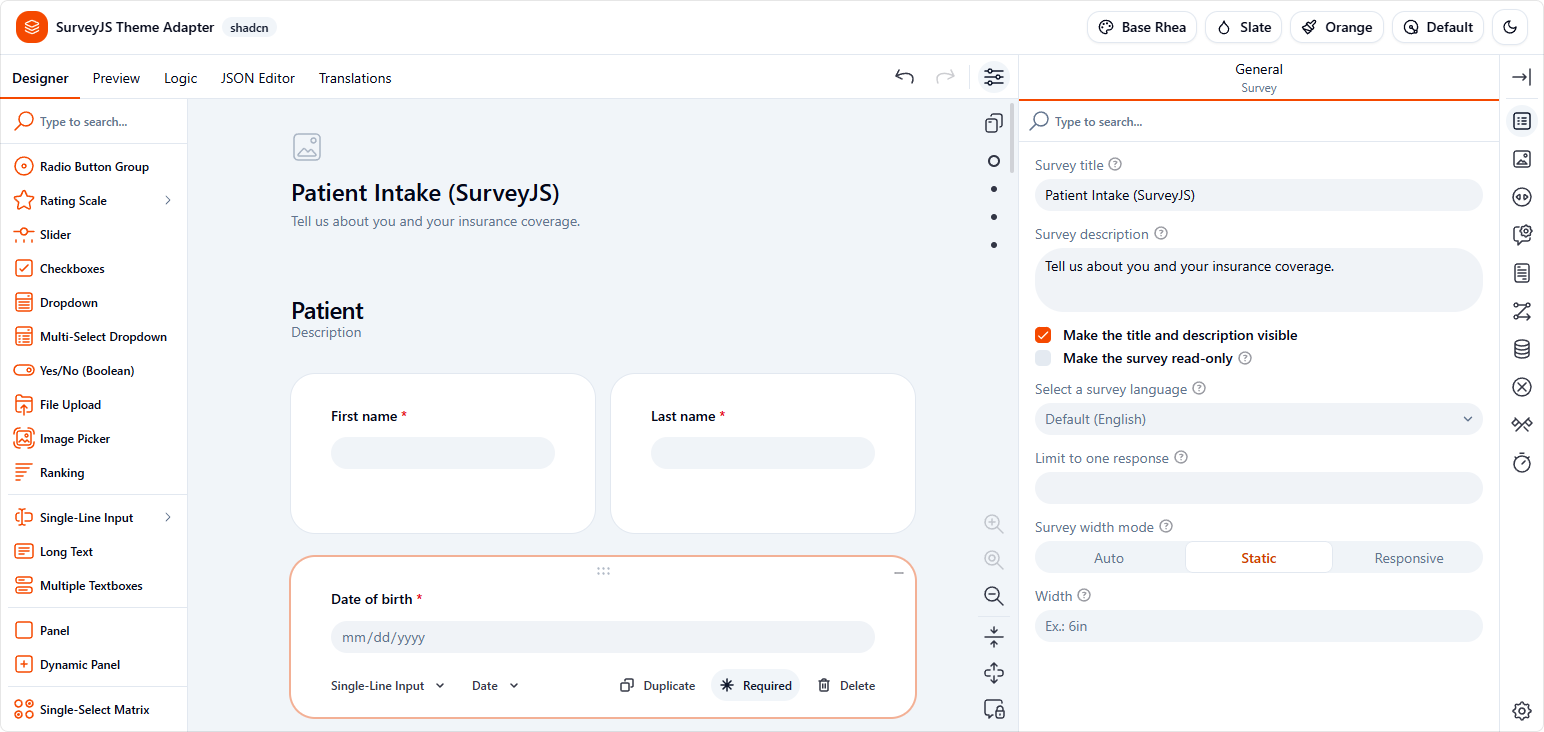 SurveyJS shadcn/ui Theme Adapter