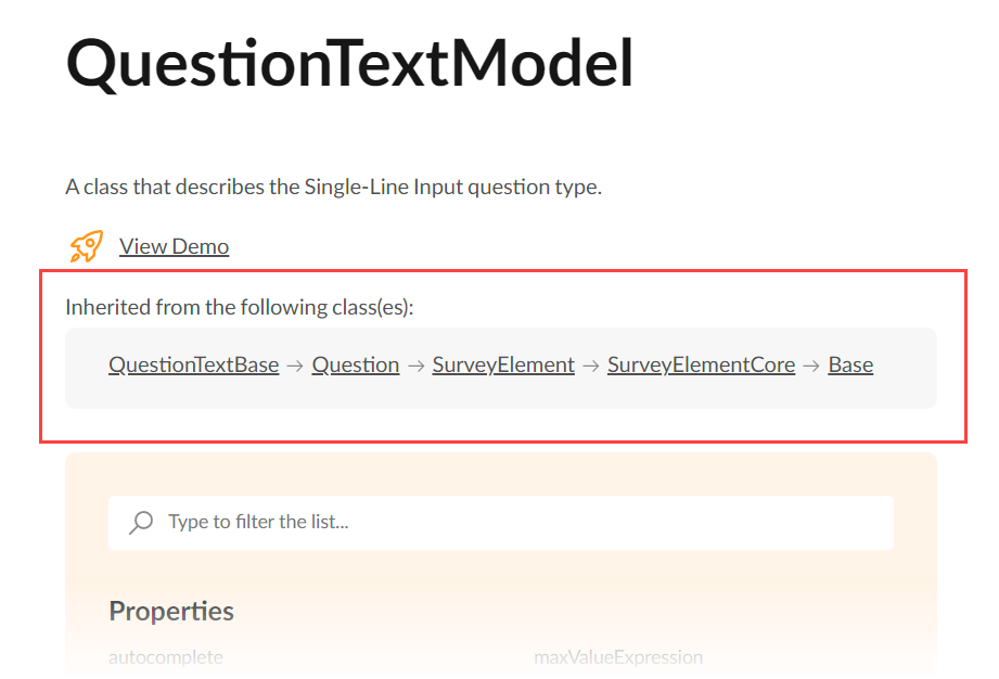 The inheritance chain of survey element classes