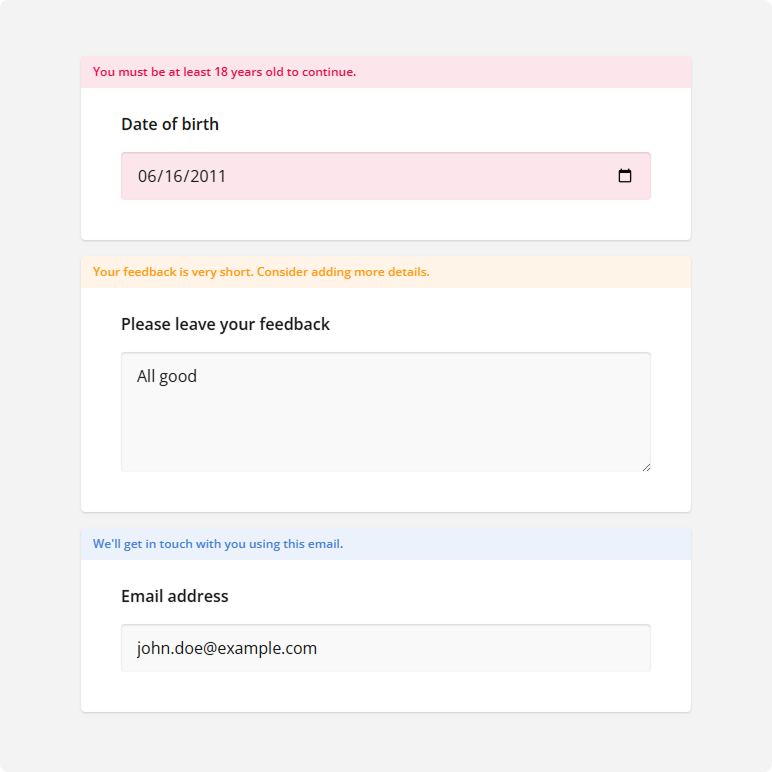 SurveyJS Form Library: Validator notification types