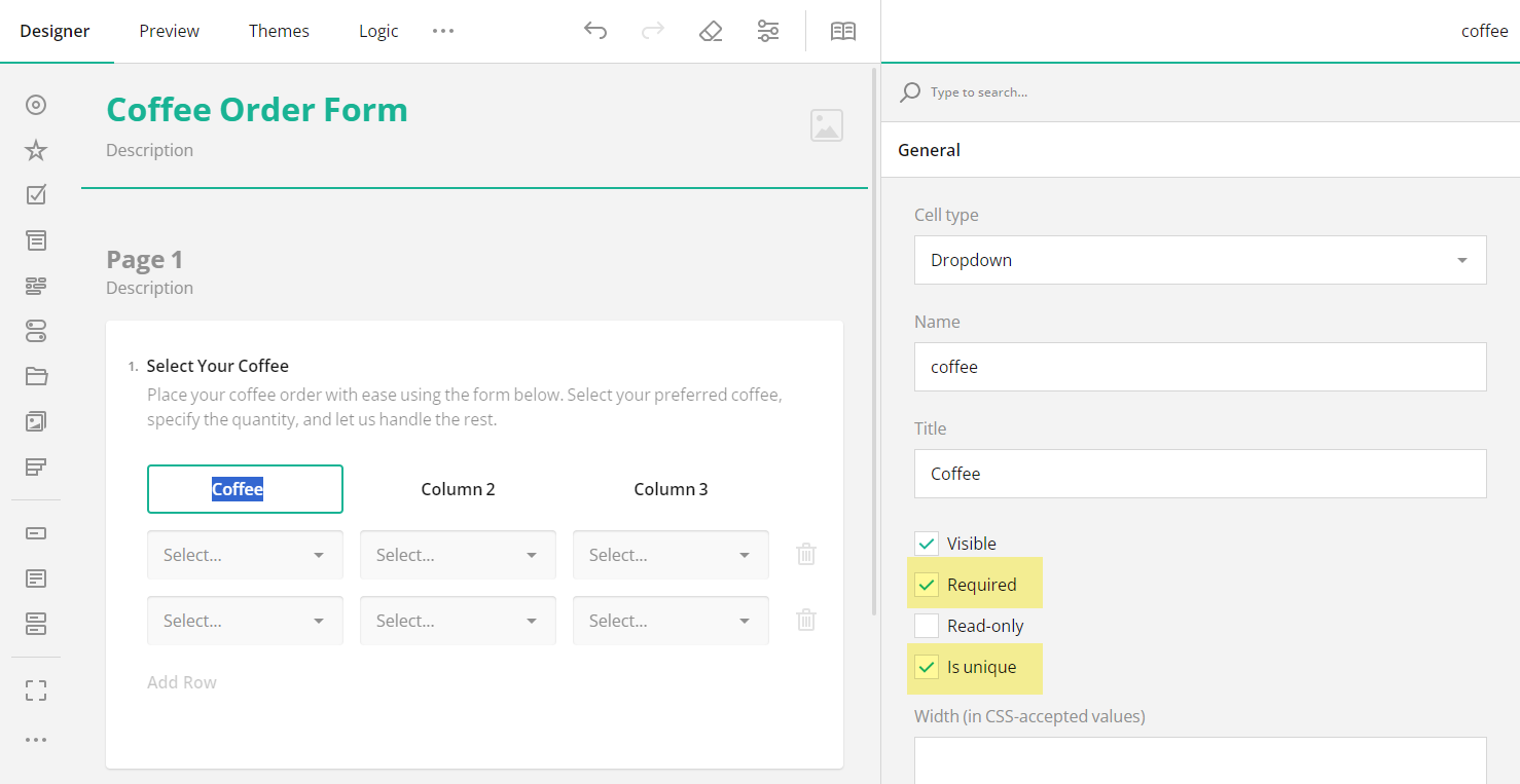 SurveyJS: Enable Unique and Required Settings for a Matrix Column