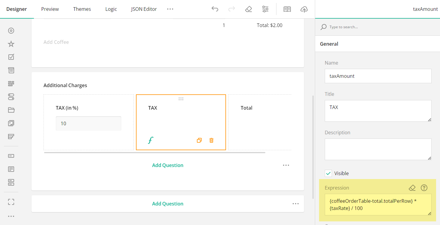 SurveyJS: Configure Tax Amount