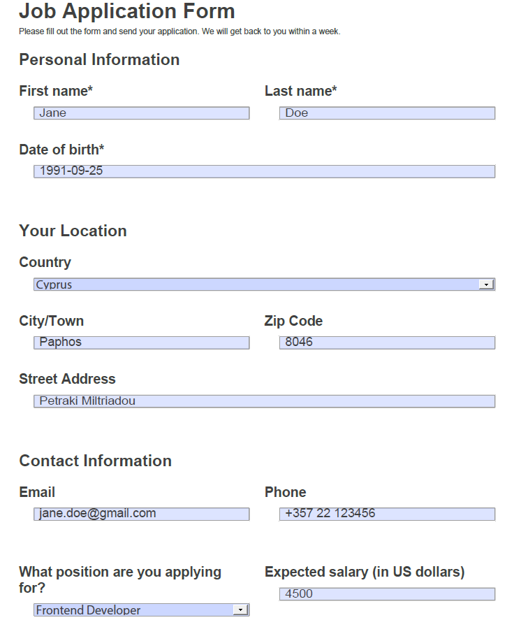 Export an HTML Job Application Form to an editable PDF form using a SurveyJS PDF library.