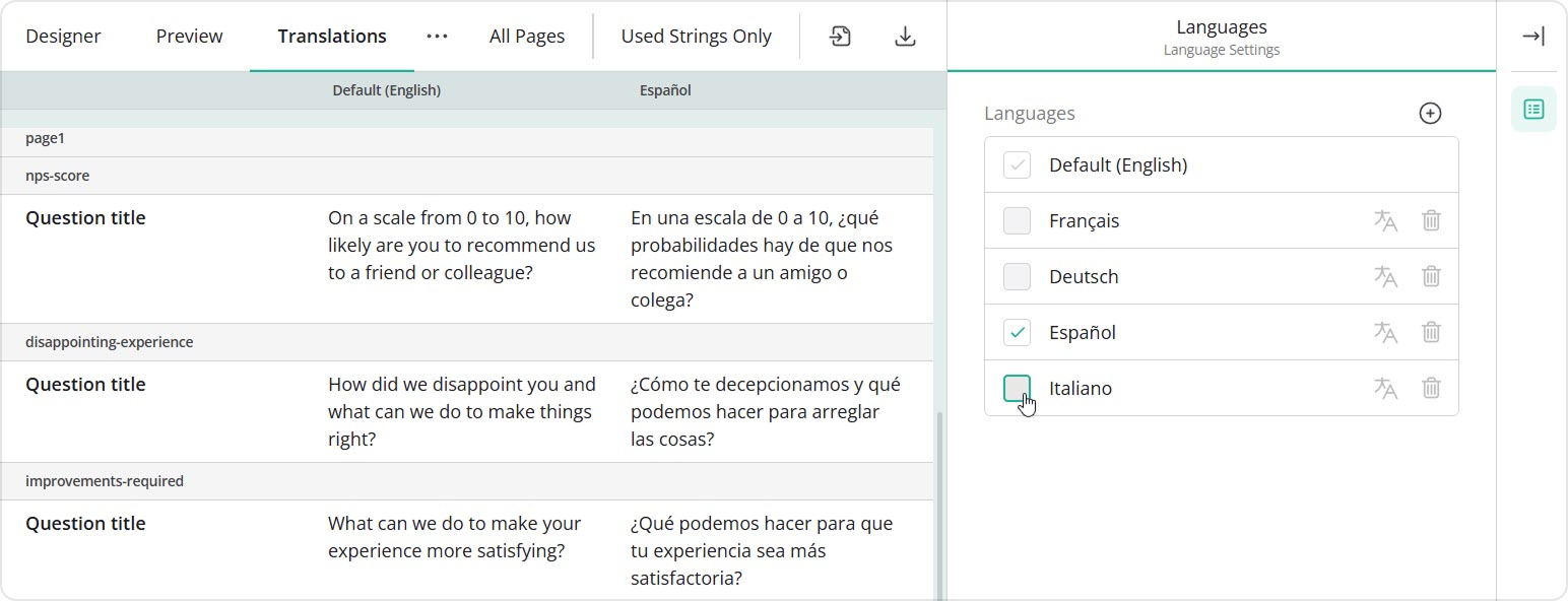 Hide languages in the Translations tab