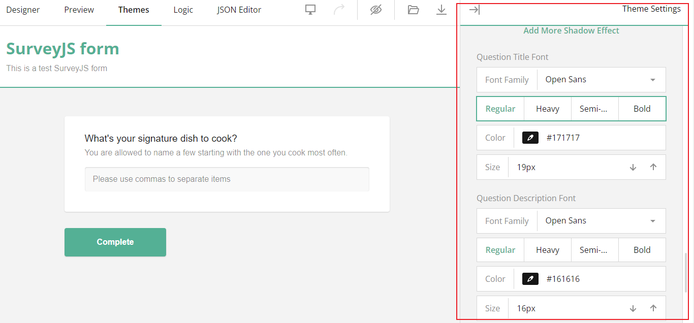 SurveyJS: Edit a question title and description in the Theme editor.