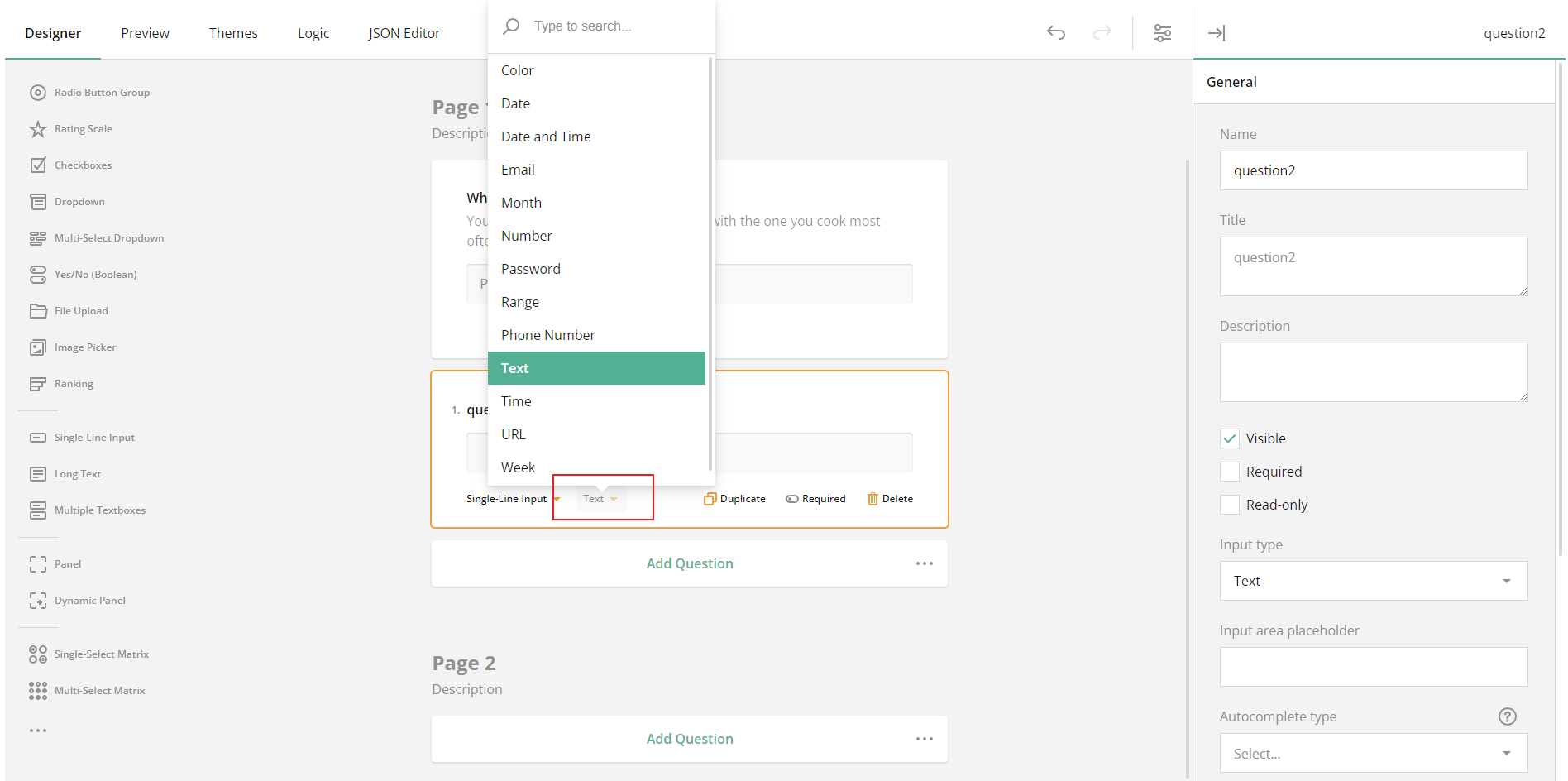 SurveyJS: Input Types for a Single-Line Question.