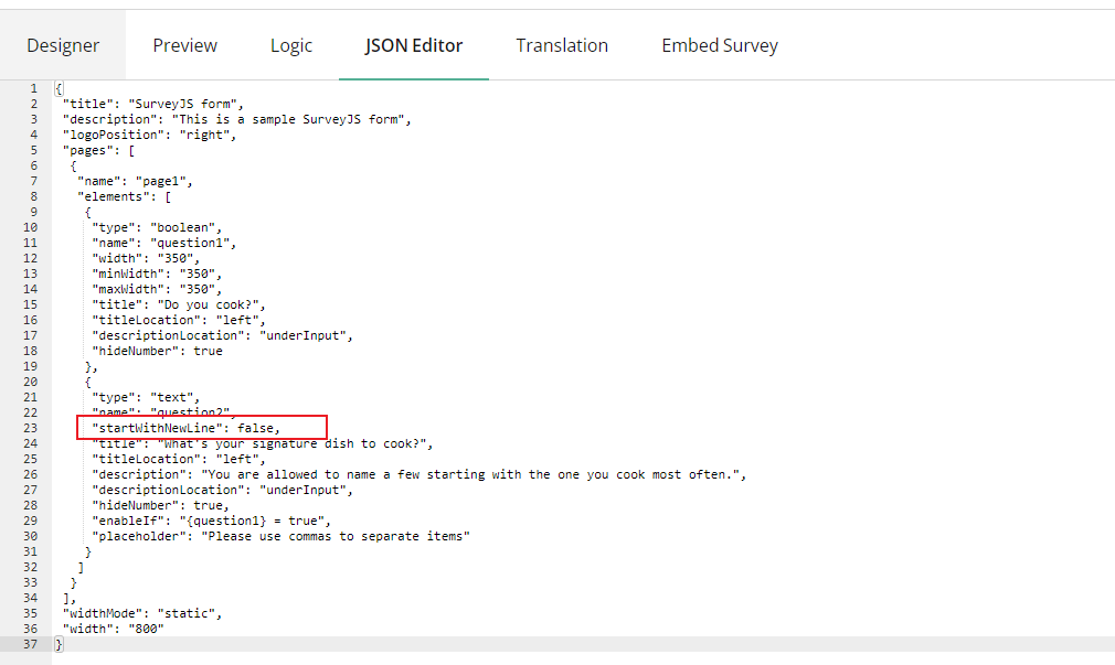 SurveyJS: Display a question on a line line.