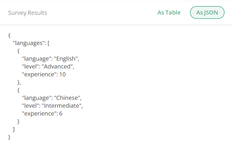 JSON survey results objects with connected and merged survey elements.