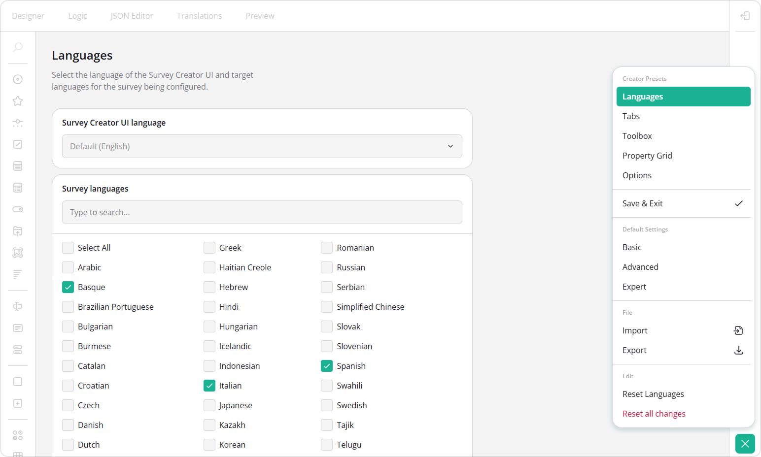 UI Preset Editor for Survey Creator