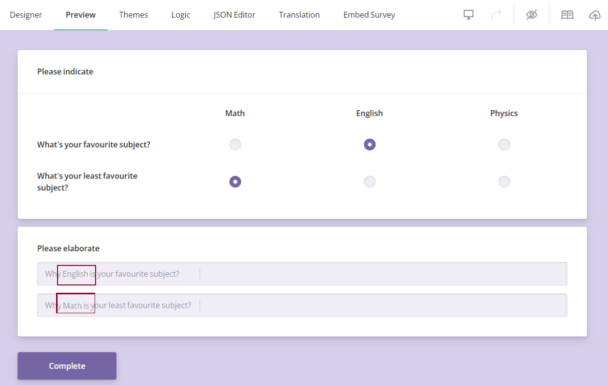 SurveyJS: Text piping from row values of a matrix question.