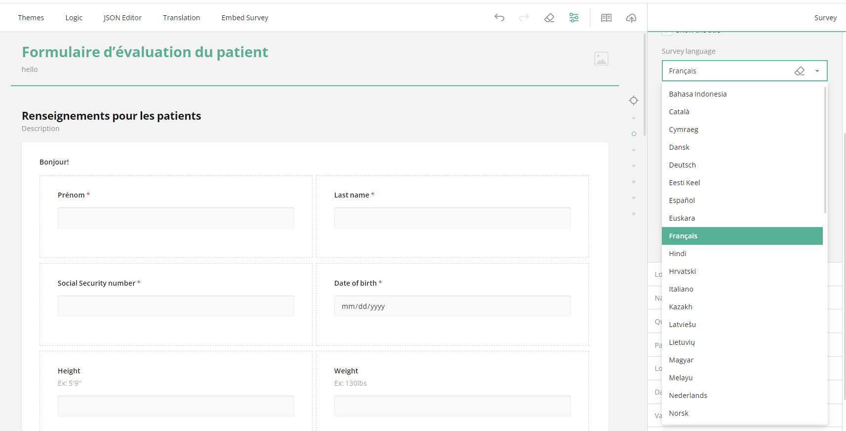 SurveyJS Creator: Enabling multiple survey languages in the Property Grid