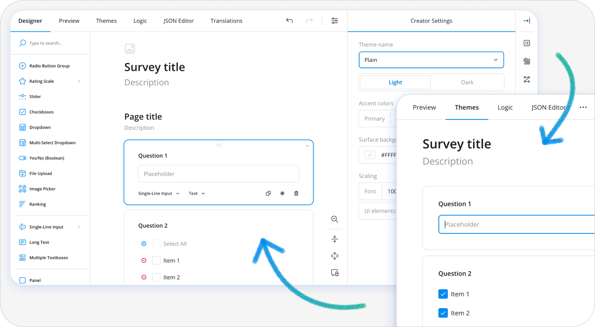 SurveyJS products with a shared design token system