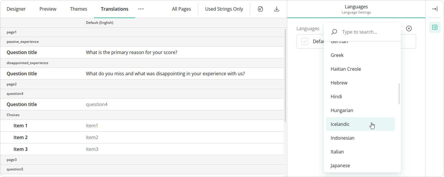 Survey Creator: Show language names in English