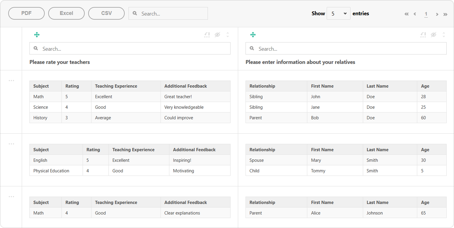 SurveyJS Table View: Nested tables