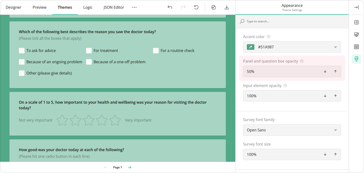 Adjust the opacity of panels and question boxes
