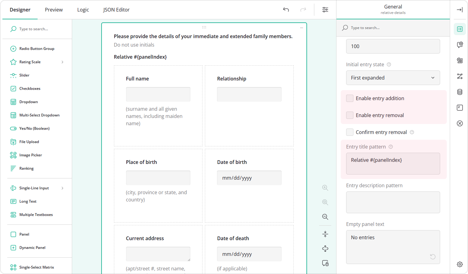 Disable manual addition and removal of entries within the Dynamic Panel