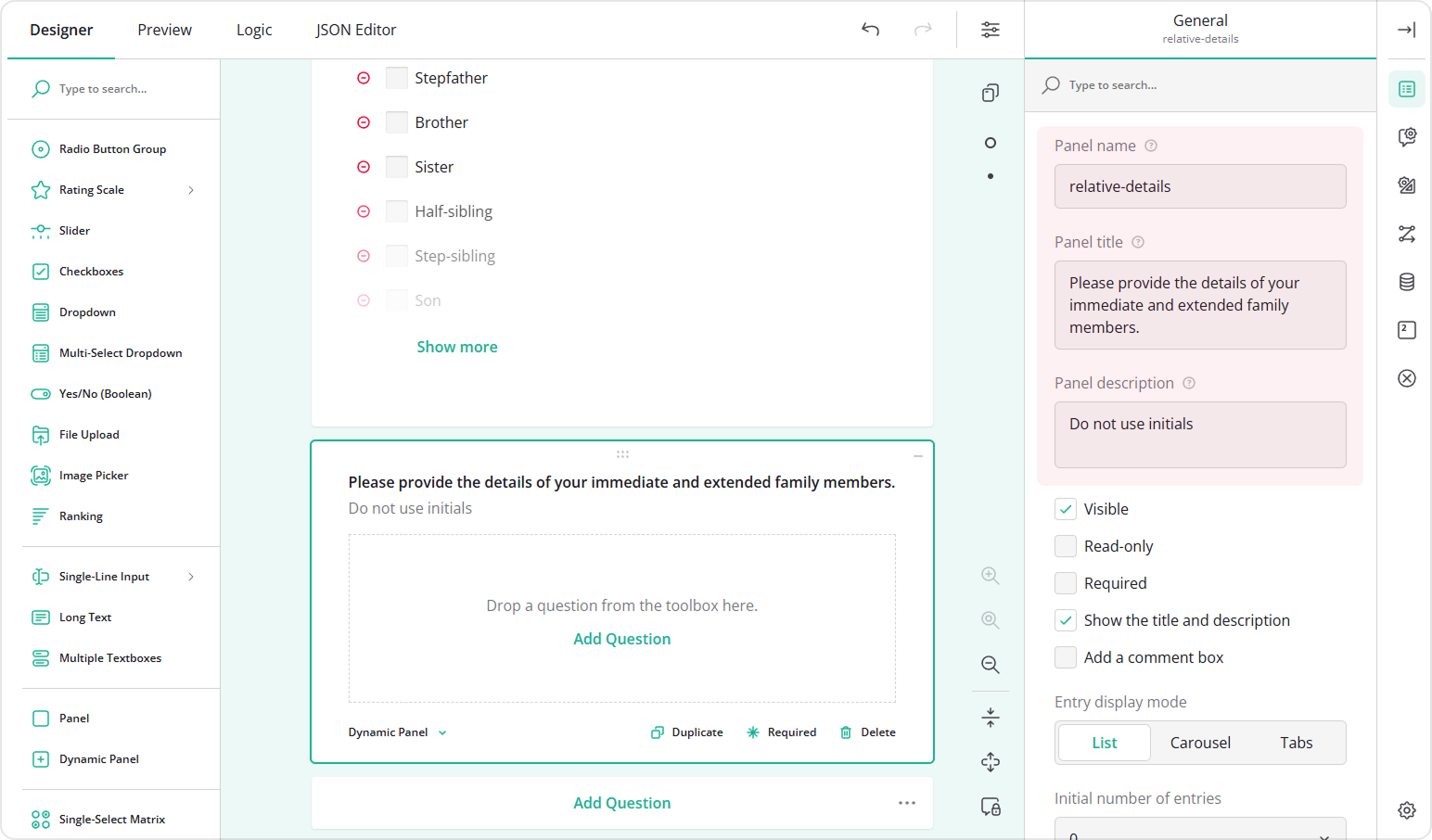 Add and configure a Dynamic Panel question