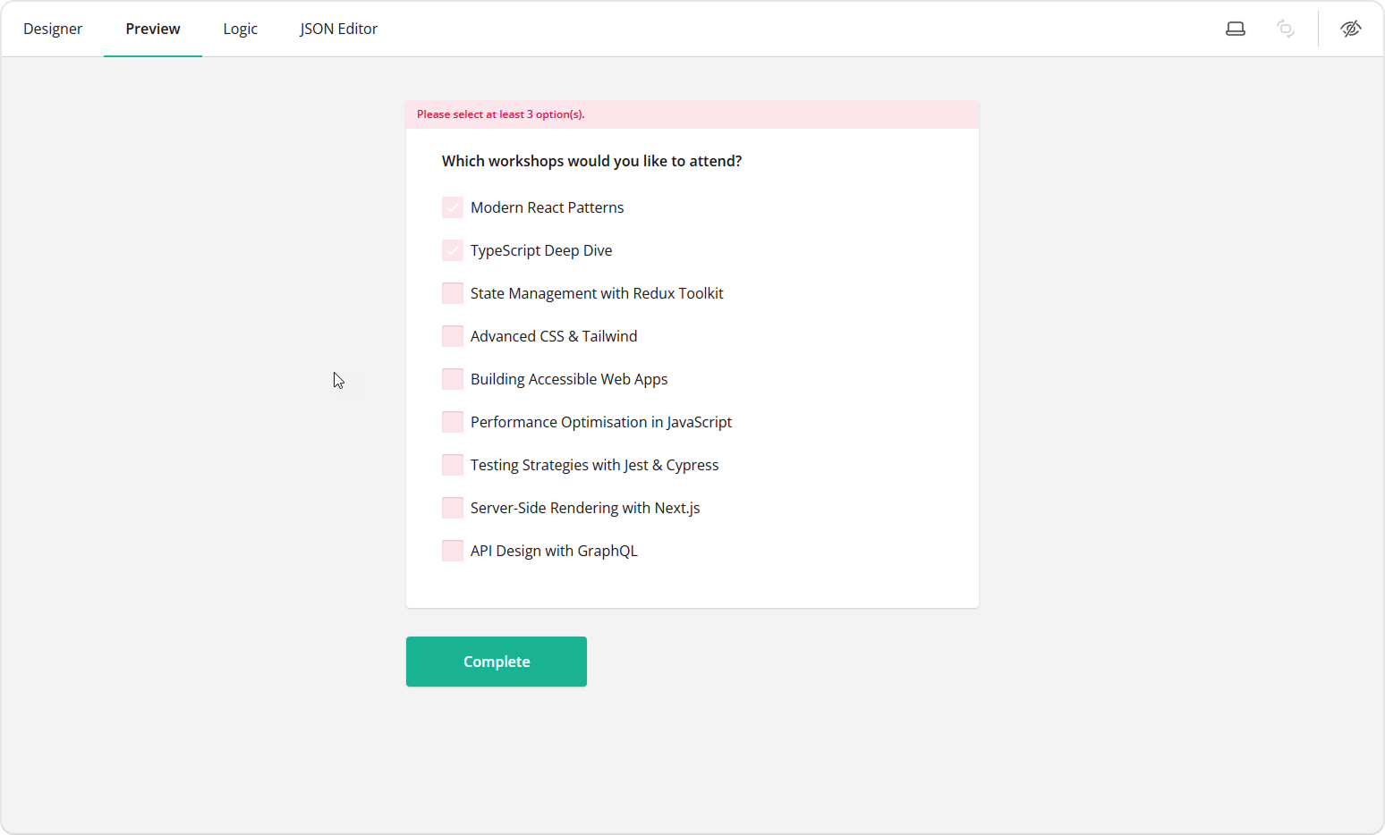 Default message shown when the minimum number of options is not selected.