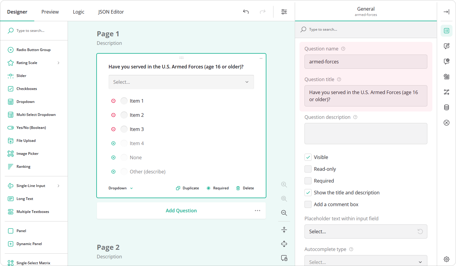 Add and configure a new Dropdown question