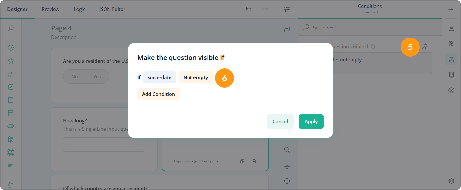 How to set up a visibility rule for an Expression question