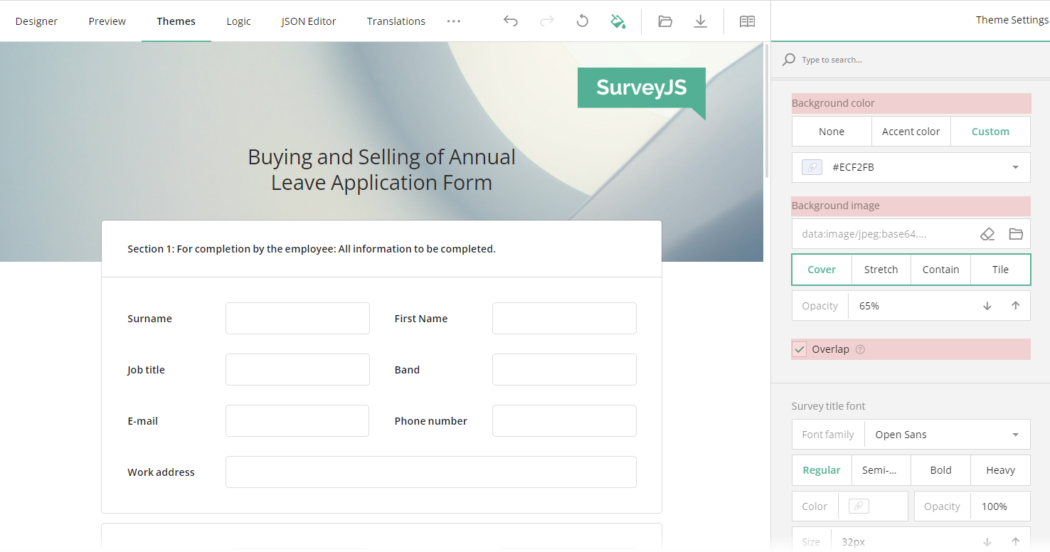 Advanced survey header settings: Survey header background settings