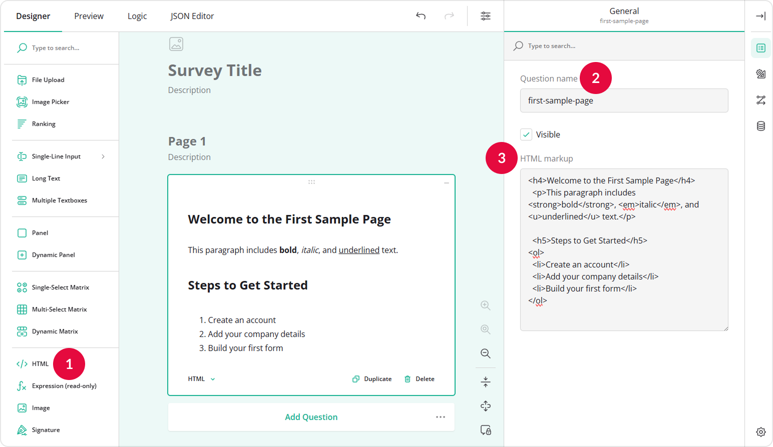 Add an HTML element to your form