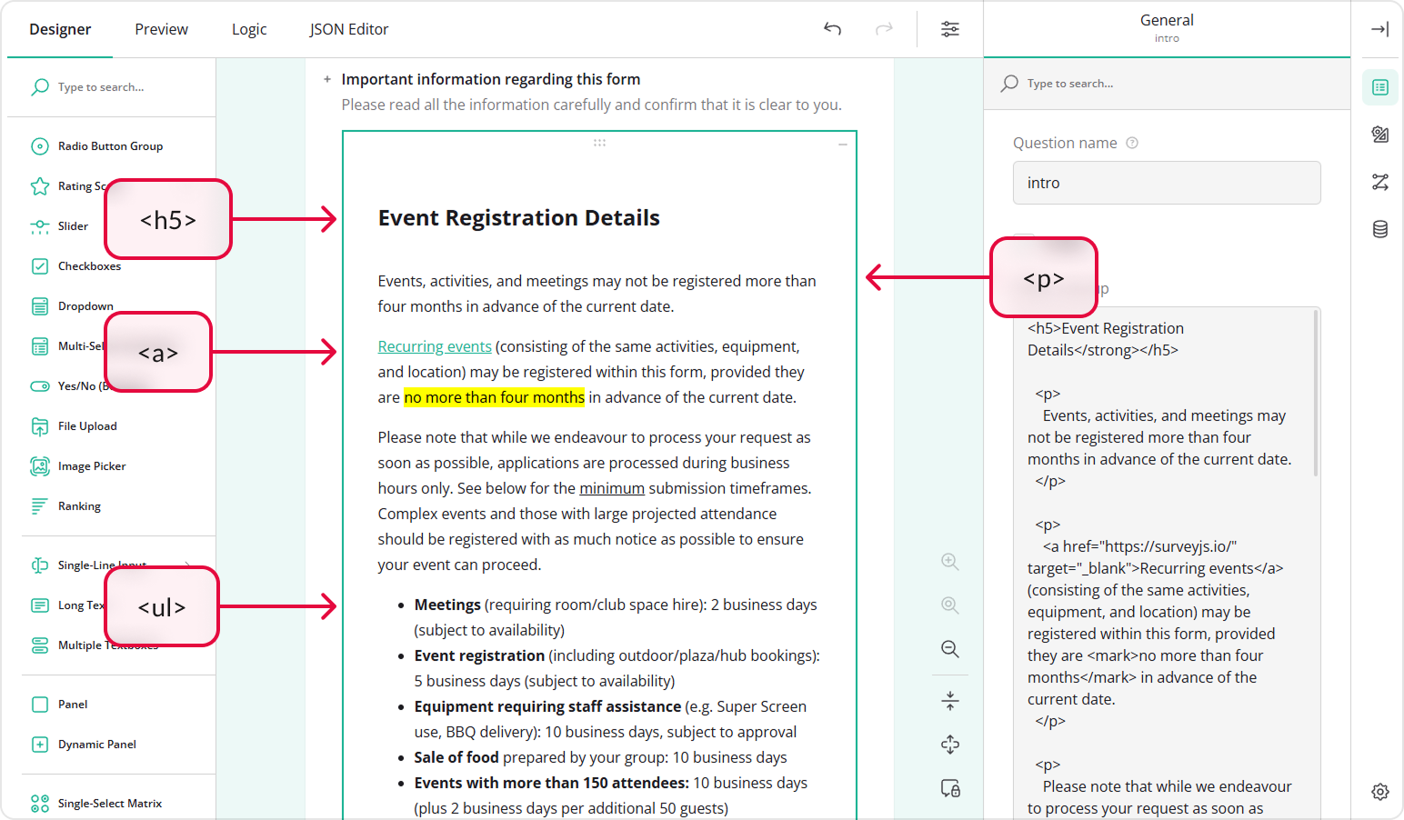 Common HTML layout tags
