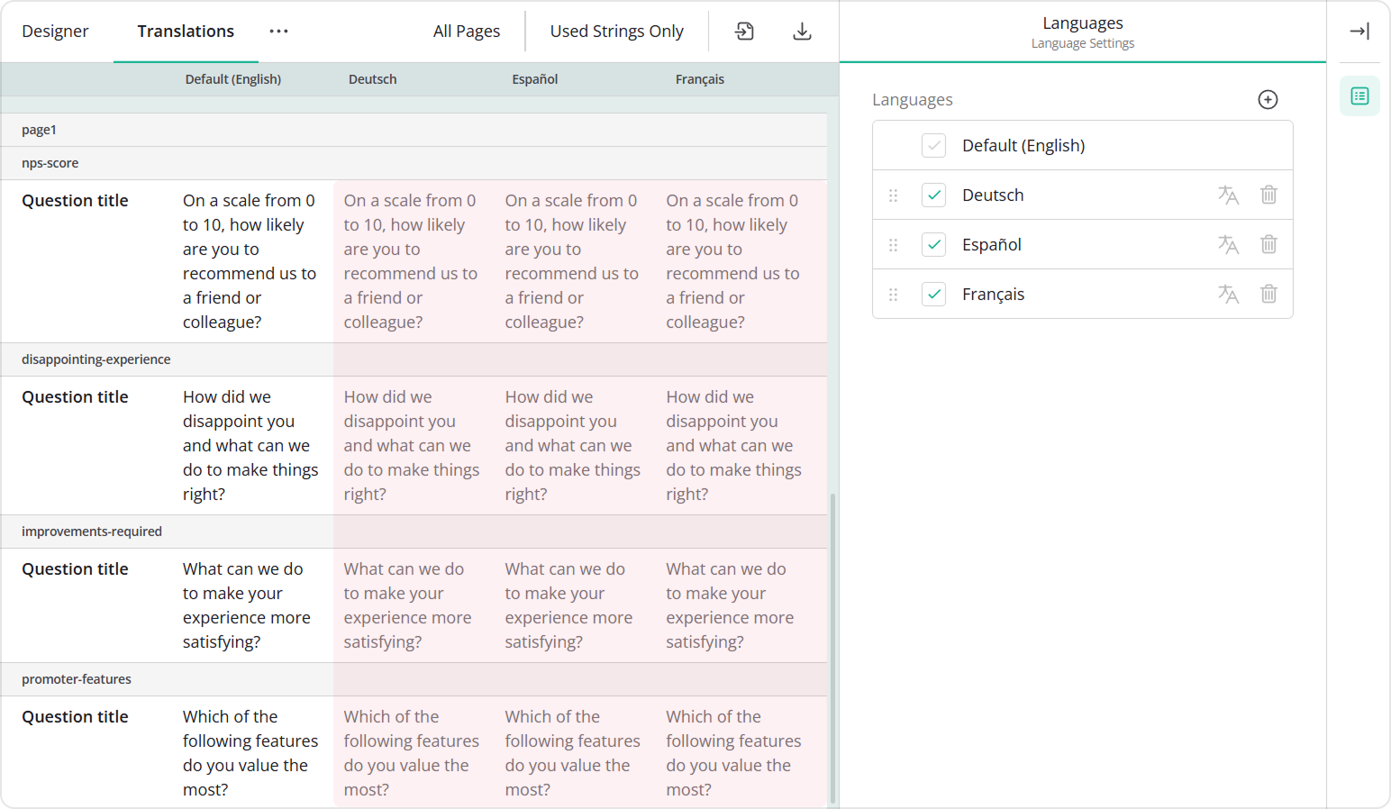 Selected languages in the translation grid