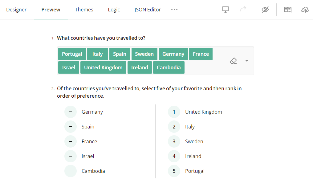 Preview carrying forward selected responses from a Tag Box to a Ranking question