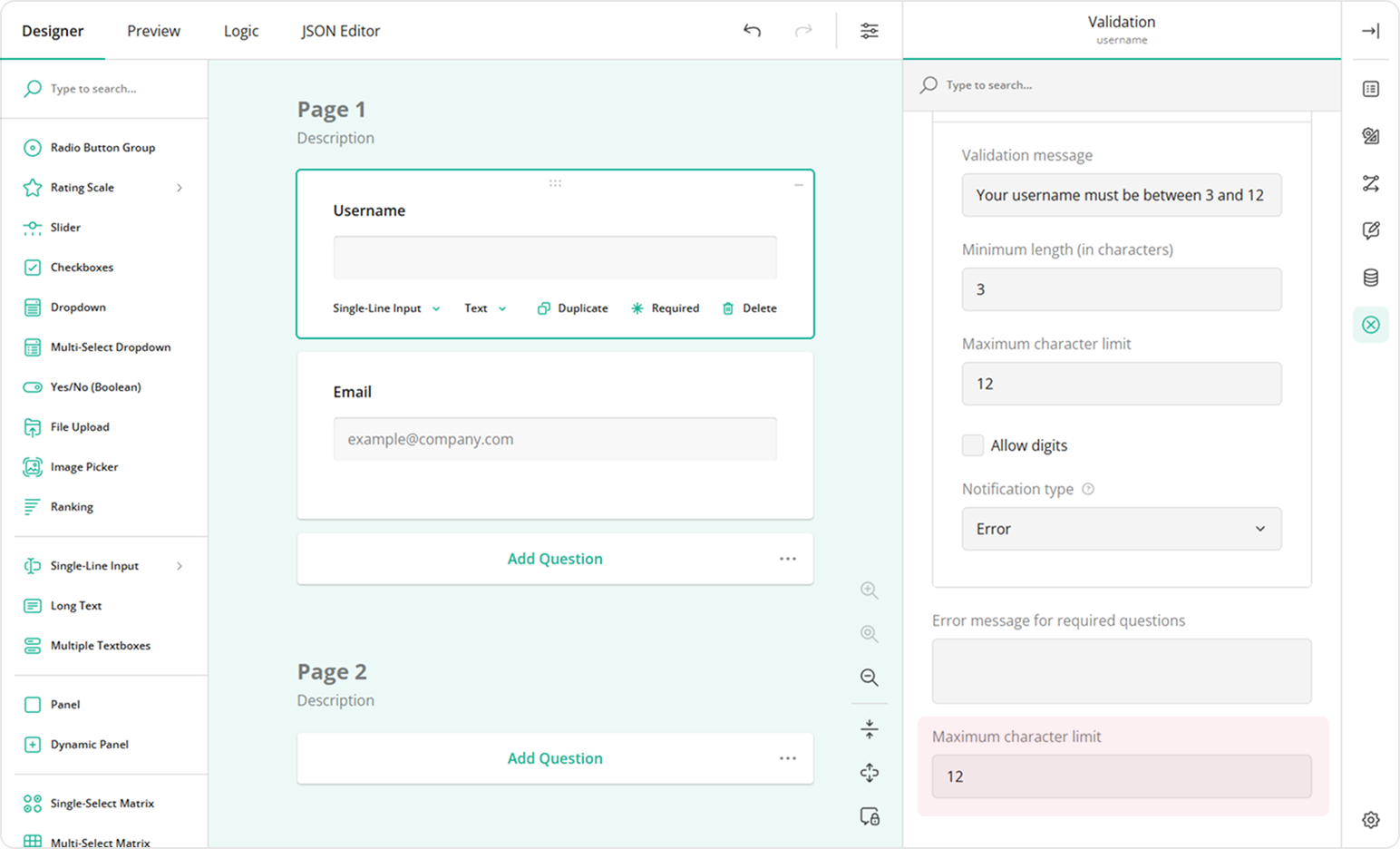Restrict the number of characters for open-ended questions