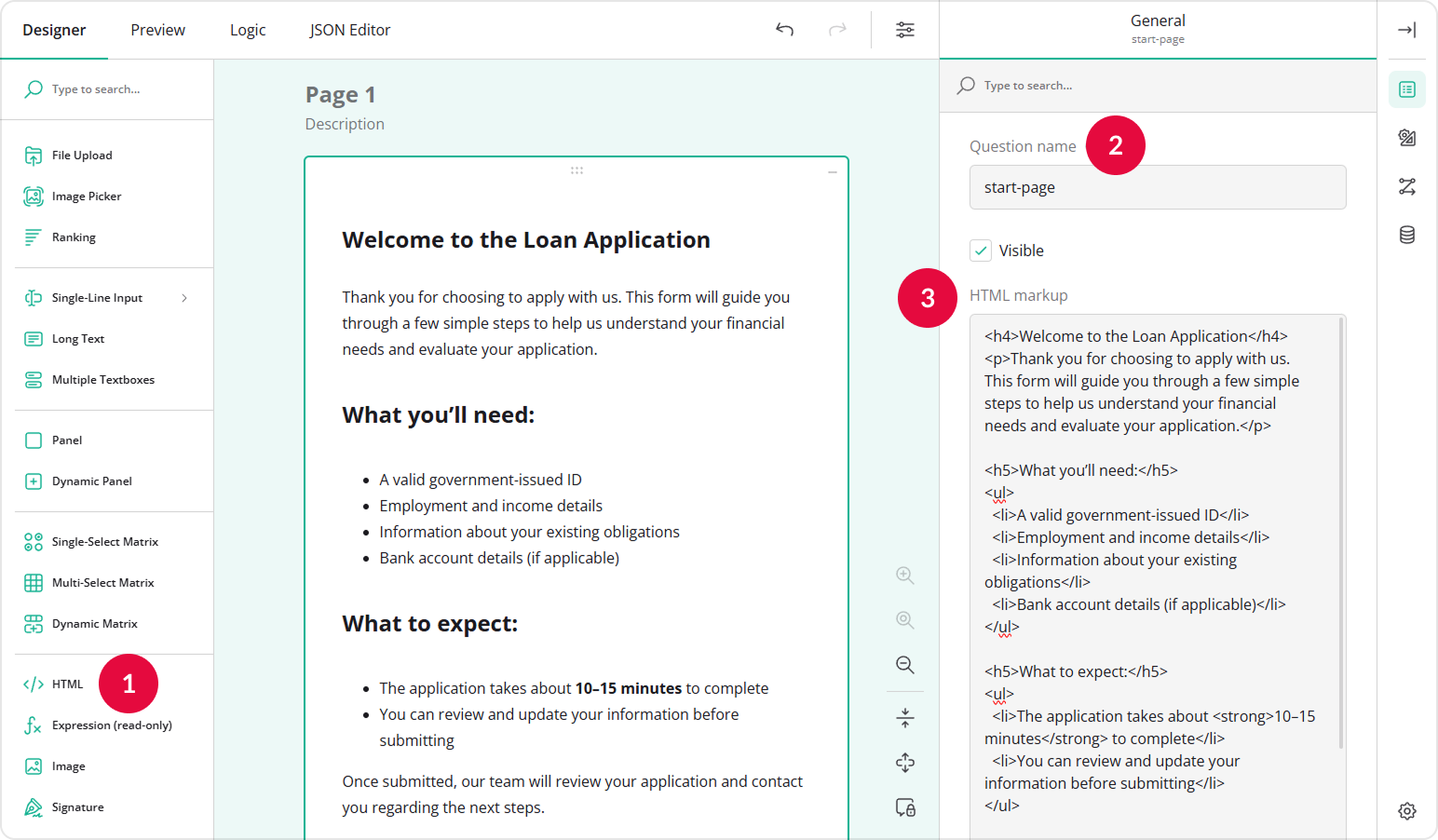 Add HTML content to the Start page of a form