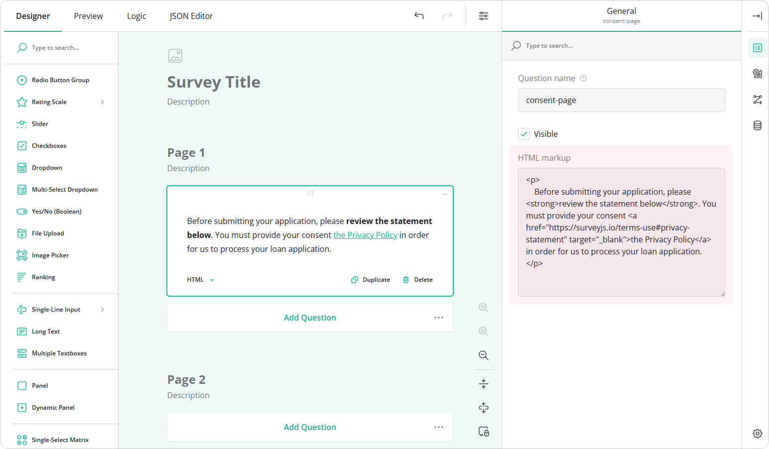 Create a consent section with a link