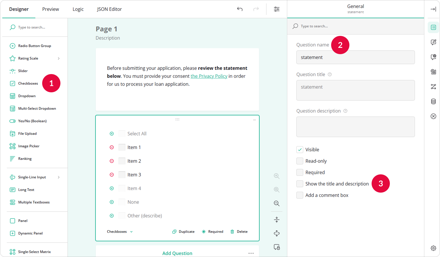 Add Checkboxes question to collect consent