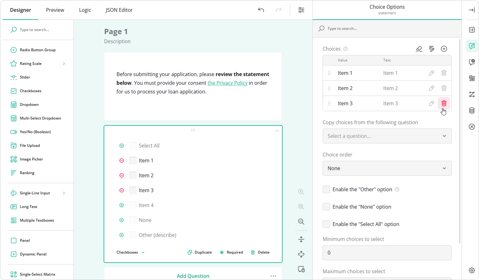 Leave just one choice option