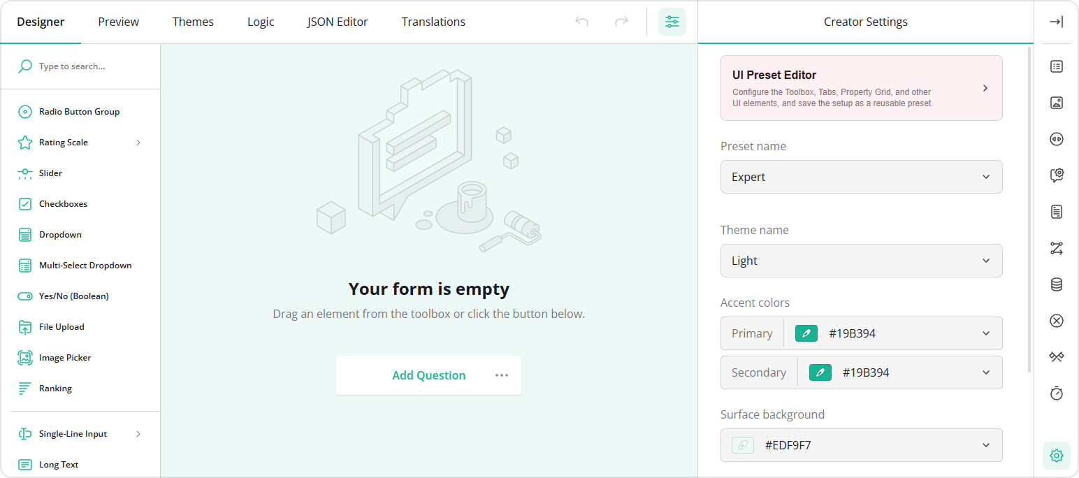 UI Preset Editor attached to Survey Creator